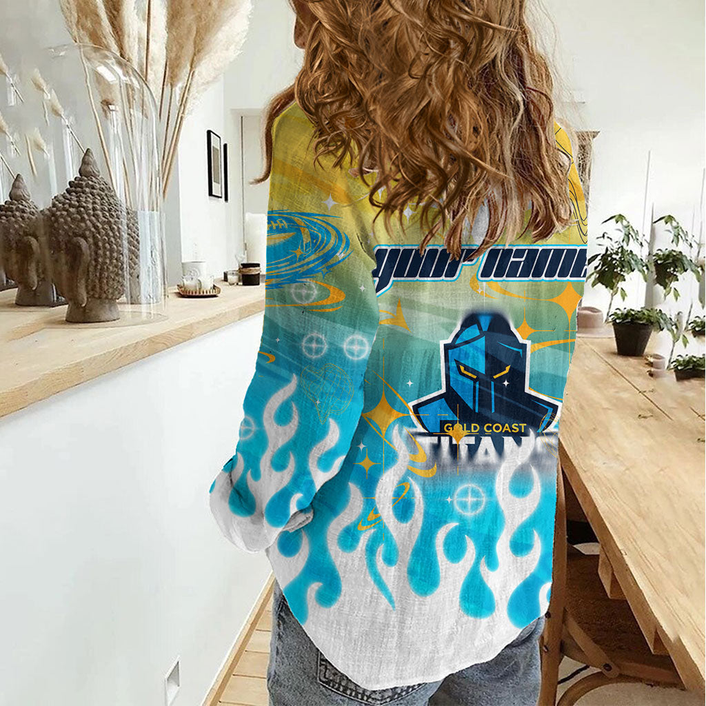 Personalized Gold Coast Titans Women Casual Shirt Y2K Grunge Aesthetic With Cyber Flames and Starburst Graphics