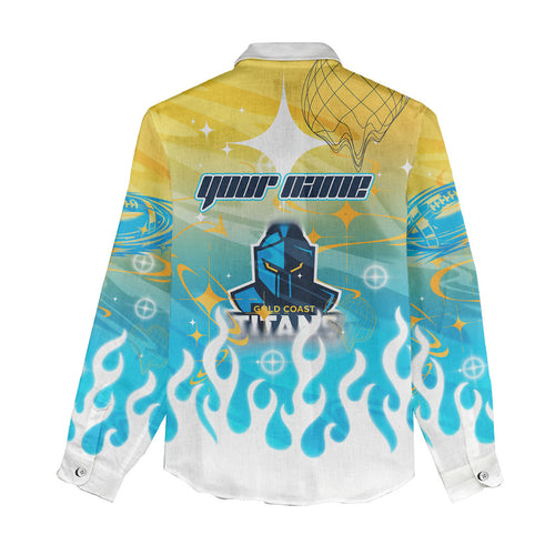 Personalized Gold Coast Titans Women Casual Shirt Y2K Grunge Aesthetic With Cyber Flames and Starburst Graphics
