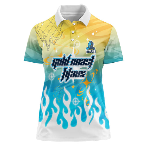Personalized Gold Coast Titans Women Polo Shirt Y2K Grunge Aesthetic With Cyber Flames and Starburst Graphics