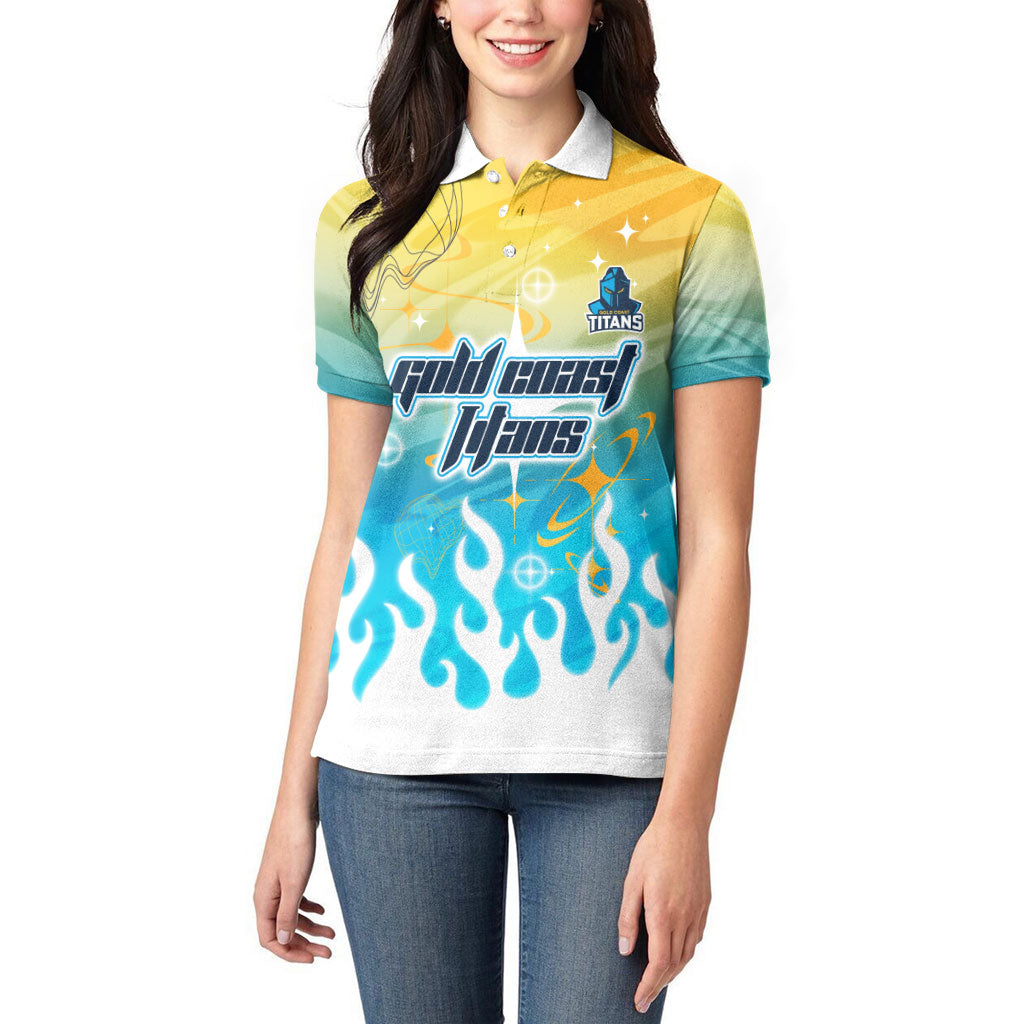 Personalized Gold Coast Titans Women Polo Shirt Y2K Grunge Aesthetic With Cyber Flames and Starburst Graphics