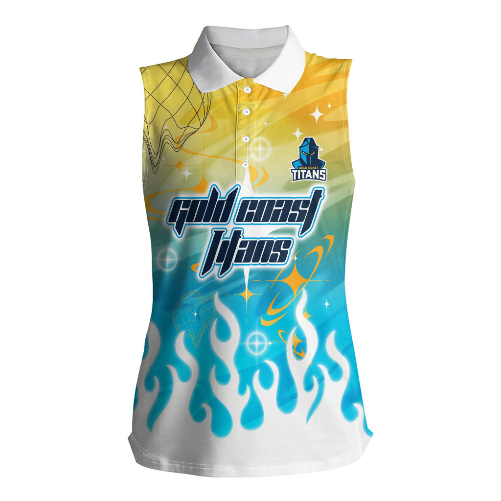Personalized Gold Coast Titans Women Sleeveless Polo Shirt Y2K Grunge Aesthetic With Cyber Flames and Starburst Graphics