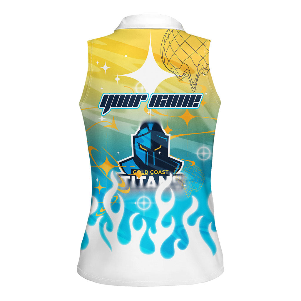 Personalized Gold Coast Titans Women Sleeveless Polo Shirt Y2K Grunge Aesthetic With Cyber Flames and Starburst Graphics