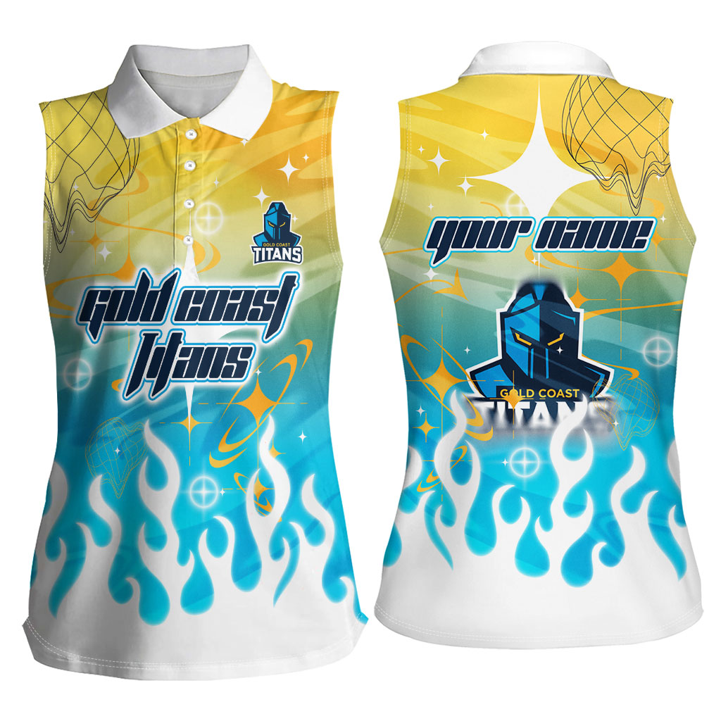 Personalized Gold Coast Titans Women Sleeveless Polo Shirt Y2K Grunge Aesthetic With Cyber Flames and Starburst Graphics
