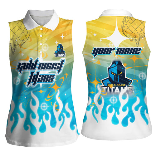 Personalized Gold Coast Titans Women Sleeveless Polo Shirt Y2K Grunge Aesthetic With Cyber Flames and Starburst Graphics