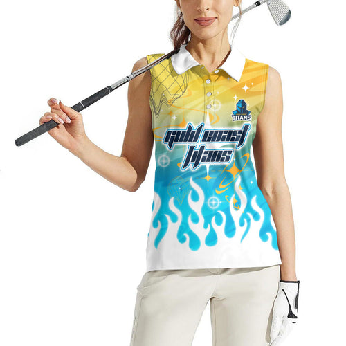 Personalized Gold Coast Titans Women Sleeveless Polo Shirt Y2K Grunge Aesthetic With Cyber Flames and Starburst Graphics
