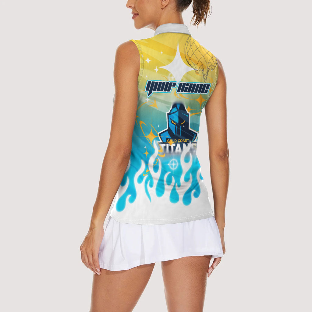Personalized Gold Coast Titans Women Sleeveless Polo Shirt Y2K Grunge Aesthetic With Cyber Flames and Starburst Graphics
