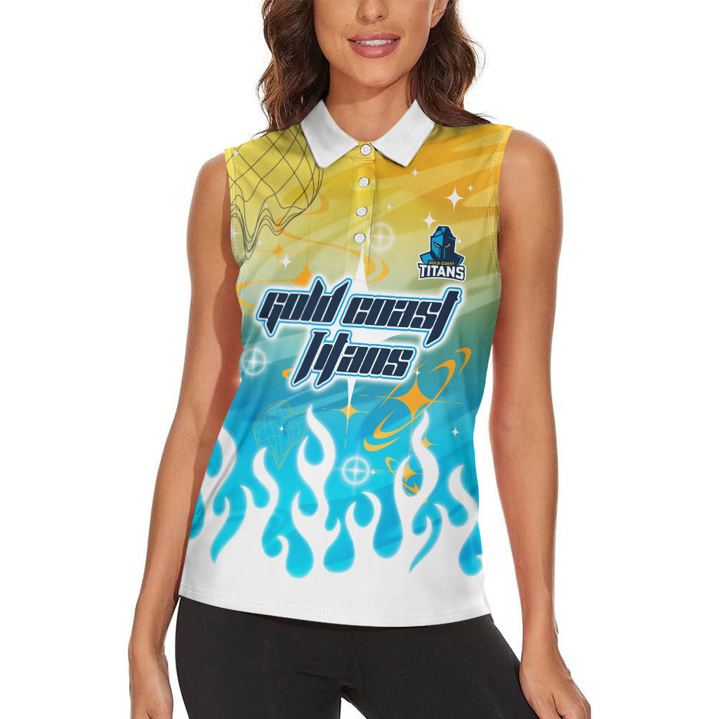 Personalized Gold Coast Titans Women Sleeveless Polo Shirt Y2K Grunge Aesthetic With Cyber Flames and Starburst Graphics