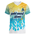 Personalized Gold Coast Titans Women V-Neck T-Shirt Y2K Grunge Aesthetic With Cyber Flames and Starburst Graphics