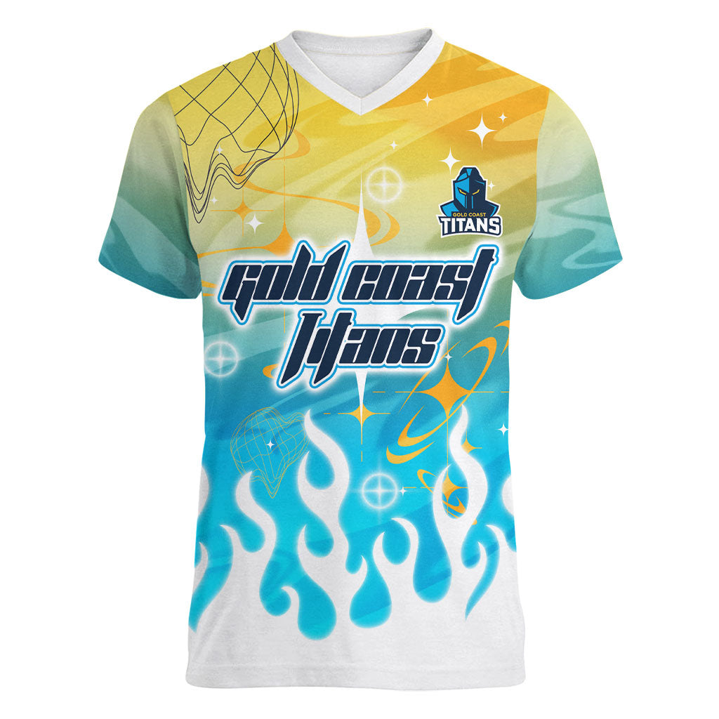 Personalized Gold Coast Titans Women V-Neck T-Shirt Y2K Grunge Aesthetic With Cyber Flames and Starburst Graphics