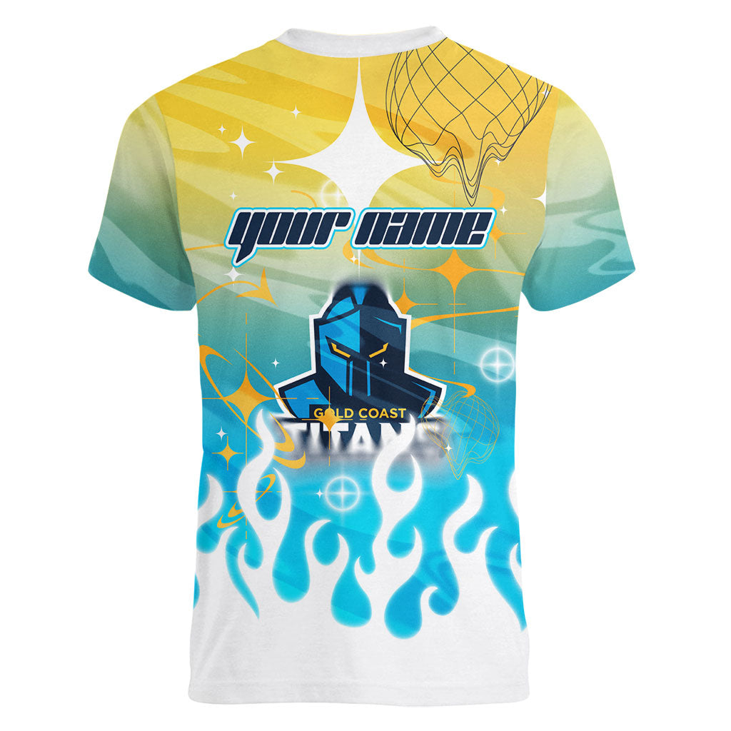 Personalized Gold Coast Titans Women V-Neck T-Shirt Y2K Grunge Aesthetic With Cyber Flames and Starburst Graphics
