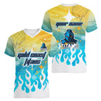 Personalized Gold Coast Titans Women V-Neck T-Shirt Y2K Grunge Aesthetic With Cyber Flames and Starburst Graphics