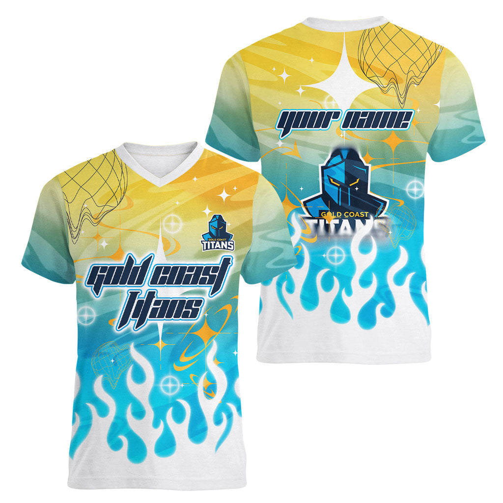 Personalized Gold Coast Titans Women V-Neck T-Shirt Y2K Grunge Aesthetic With Cyber Flames and Starburst Graphics
