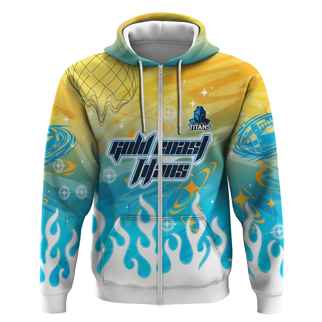 Personalized Gold Coast Titans Zip Hoodie Y2K Grunge Aesthetic With Cyber Flames and Starburst Graphics