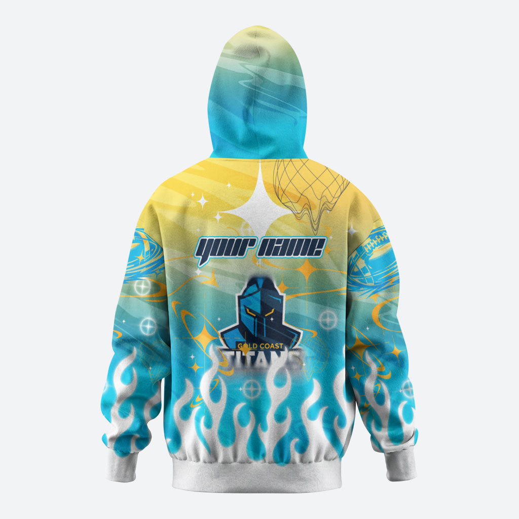 Personalized Gold Coast Titans Zip Hoodie Y2K Grunge Aesthetic With Cyber Flames and Starburst Graphics