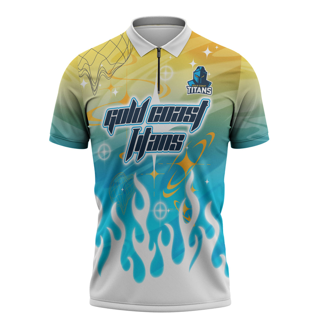 Personalized Gold Coast Titans Zipper Polo Shirt Y2K Grunge Aesthetic With Cyber Flames and Starburst Graphics