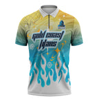Personalized Gold Coast Titans Zipper Polo Shirt Y2K Grunge Aesthetic With Cyber Flames and Starburst Graphics