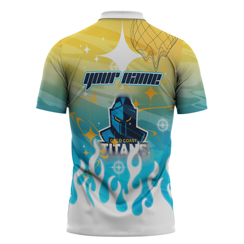 Personalized Gold Coast Titans Zipper Polo Shirt Y2K Grunge Aesthetic With Cyber Flames and Starburst Graphics