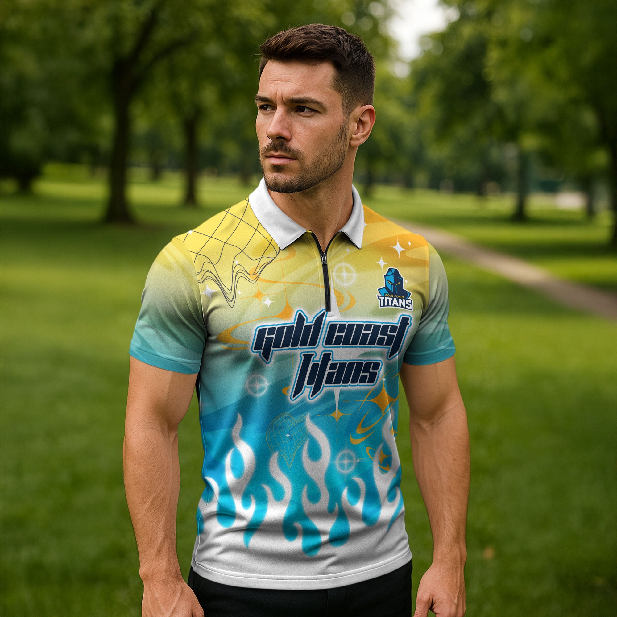 Personalized Gold Coast Titans Zipper Polo Shirt Y2K Grunge Aesthetic With Cyber Flames and Starburst Graphics