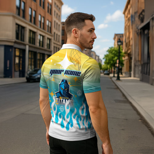 Personalized Gold Coast Titans Zipper Polo Shirt Y2K Grunge Aesthetic With Cyber Flames and Starburst Graphics
