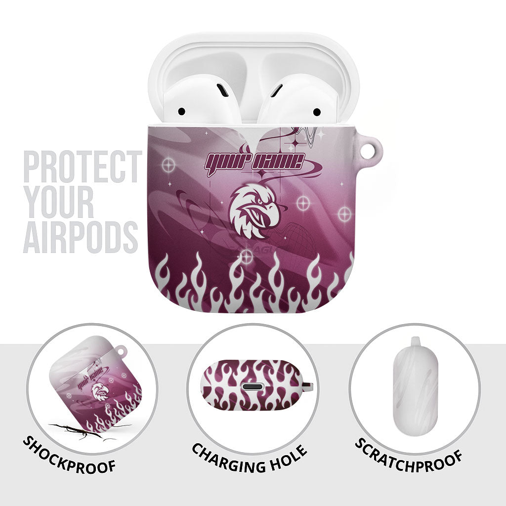 Personalized Manly Warringah Sea Eagles AirPods Case Y2K Grunge Aesthetic With Cyber Flames and Starburst Graphics