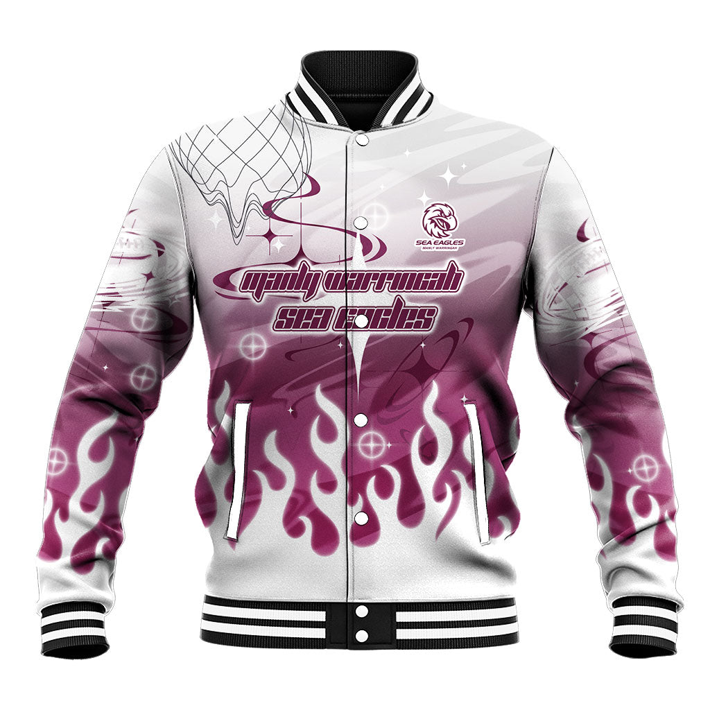 Personalized Manly Warringah Sea Eagles Baseball Jacket Y2K Grunge Aesthetic With Cyber Flames and Starburst Graphics