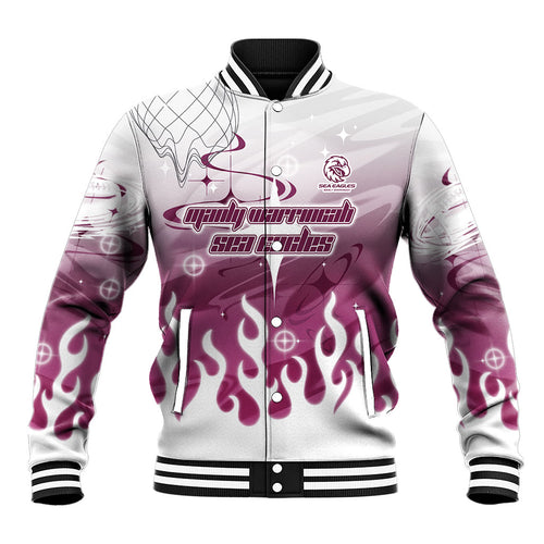 Personalized Manly Warringah Sea Eagles Baseball Jacket Y2K Grunge Aesthetic With Cyber Flames and Starburst Graphics