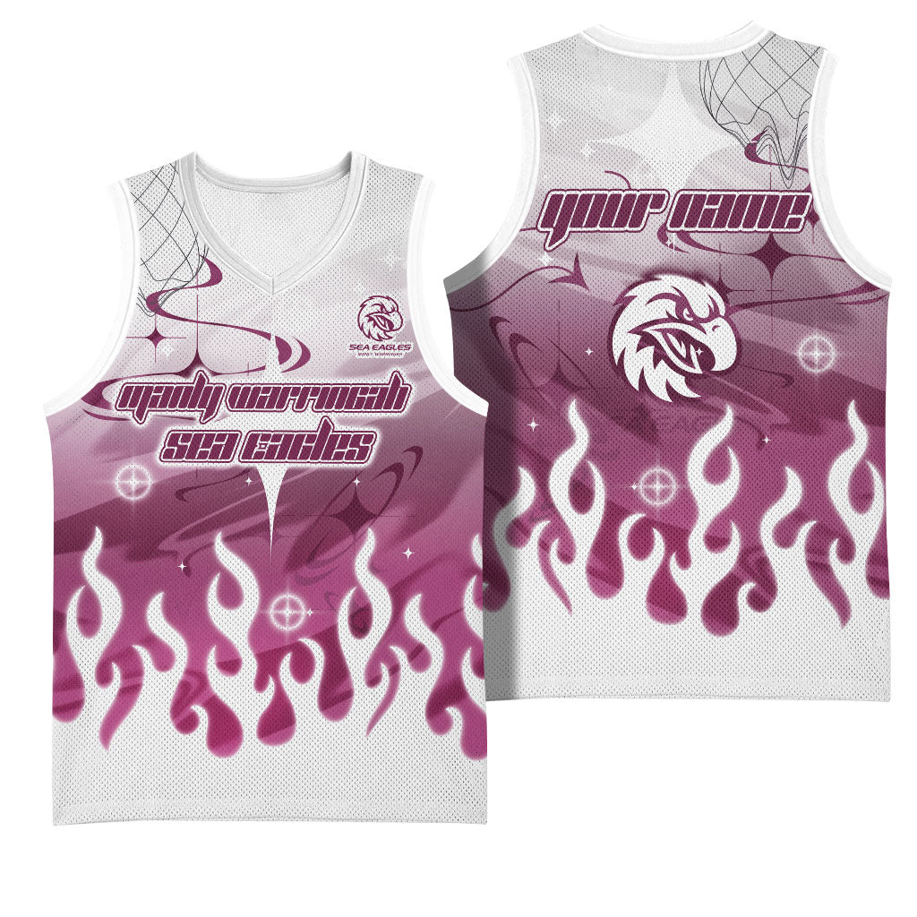 Personalized Manly Warringah Sea Eagles Basketball Jersey Y2K Grunge Aesthetic With Cyber Flames and Starburst Graphics