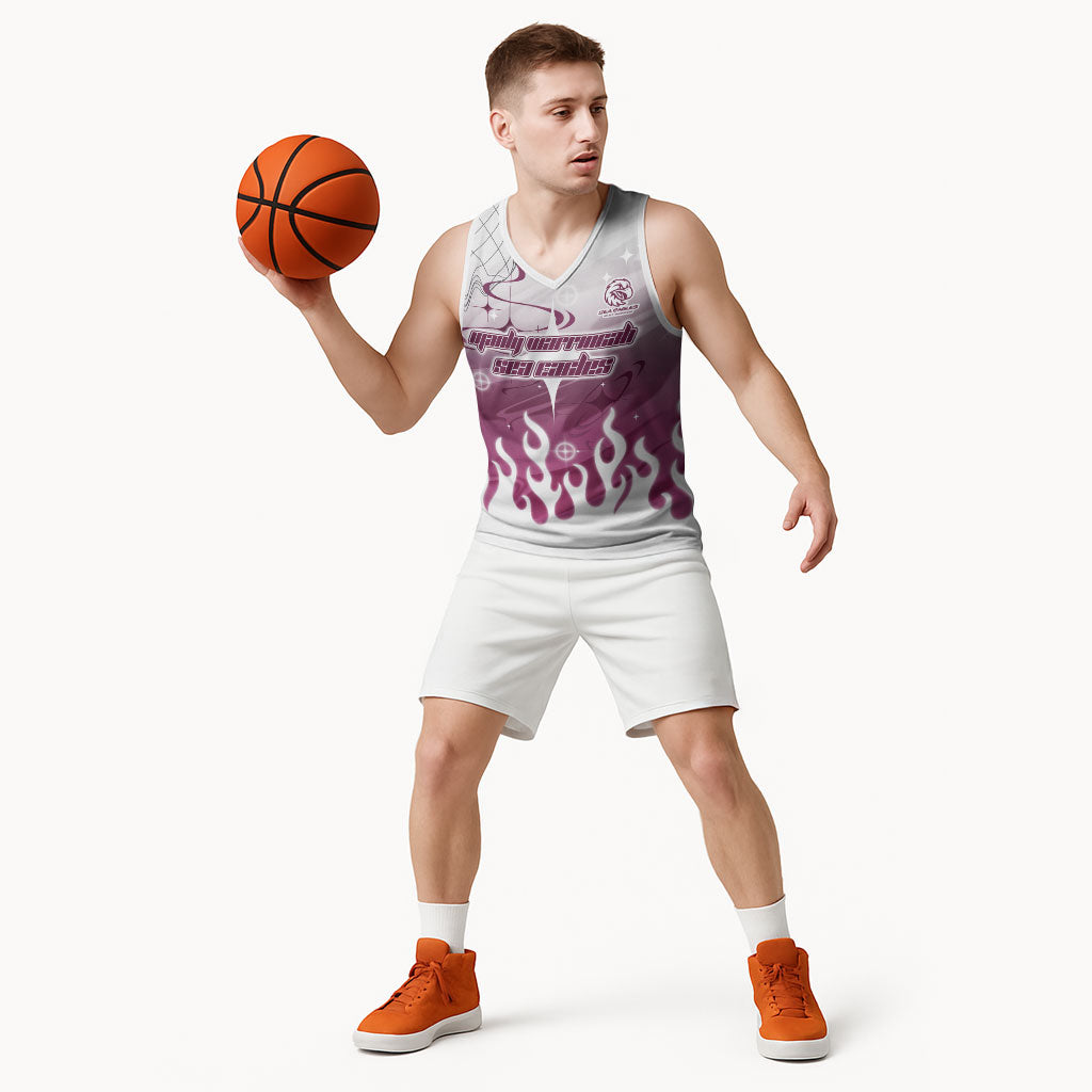 Personalized Manly Warringah Sea Eagles Basketball Jersey Y2K Grunge Aesthetic With Cyber Flames and Starburst Graphics