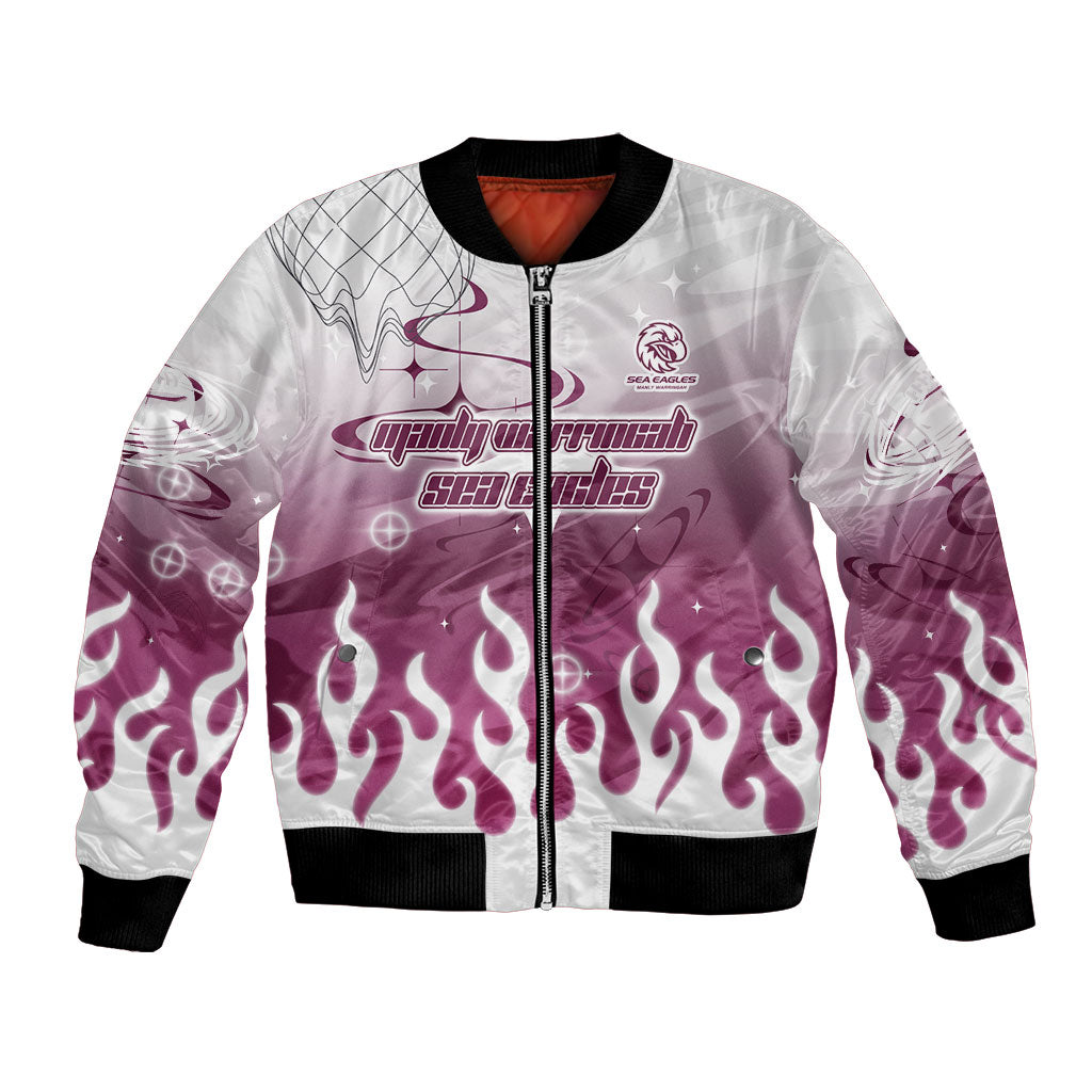 Personalized Manly Warringah Sea Eagles Bomber Jacket Y2K Grunge Aesthetic With Cyber Flames and Starburst Graphics