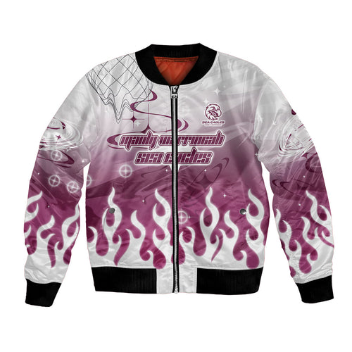 Personalized Manly Warringah Sea Eagles Bomber Jacket Y2K Grunge Aesthetic With Cyber Flames and Starburst Graphics