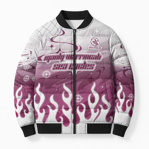 Personalized Manly Warringah Sea Eagles Bomber Puffer Jacket Y2K Grunge Aesthetic With Cyber Flames and Starburst Graphics