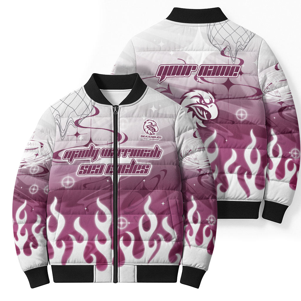 Personalized Manly Warringah Sea Eagles Bomber Puffer Jacket Y2K Grunge Aesthetic With Cyber Flames and Starburst Graphics