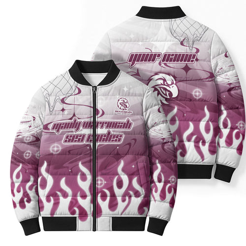 Personalized Manly Warringah Sea Eagles Bomber Puffer Jacket Y2K Grunge Aesthetic With Cyber Flames and Starburst Graphics