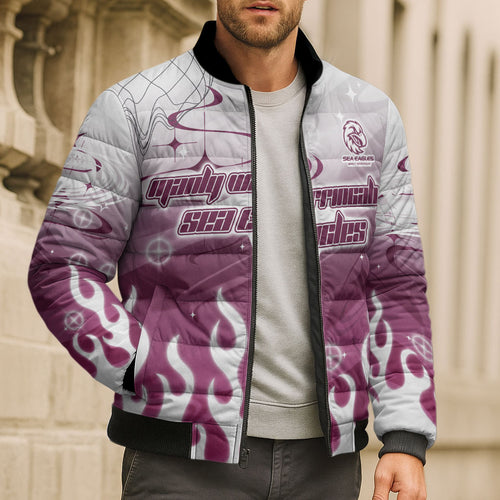 Personalized Manly Warringah Sea Eagles Bomber Puffer Jacket Y2K Grunge Aesthetic With Cyber Flames and Starburst Graphics