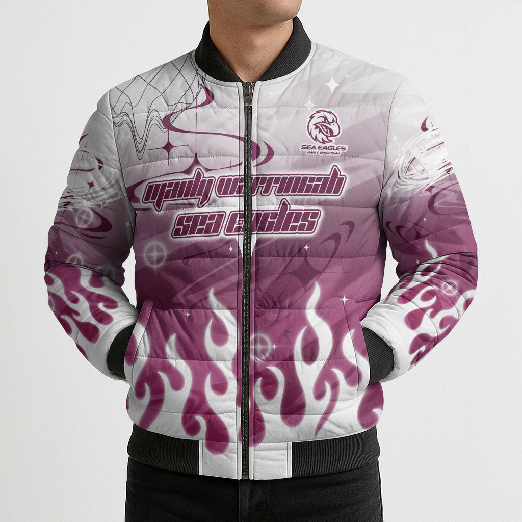 Personalized Manly Warringah Sea Eagles Bomber Puffer Jacket Y2K Grunge Aesthetic With Cyber Flames and Starburst Graphics