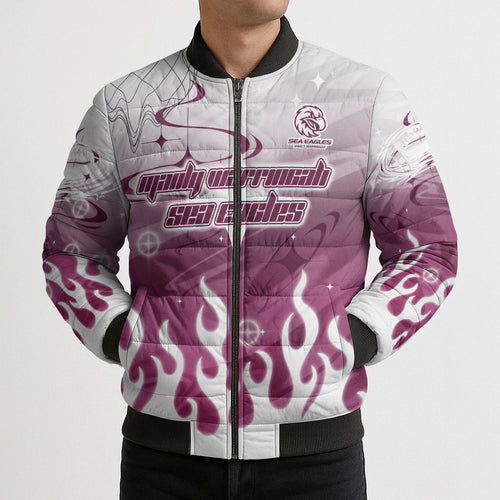 Personalized Manly Warringah Sea Eagles Bomber Puffer Jacket Y2K Grunge Aesthetic With Cyber Flames and Starburst Graphics