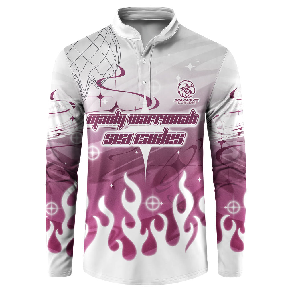 Personalized Manly Warringah Sea Eagles Button Sweatshirt Y2K Grunge Aesthetic With Cyber Flames and Starburst Graphics
