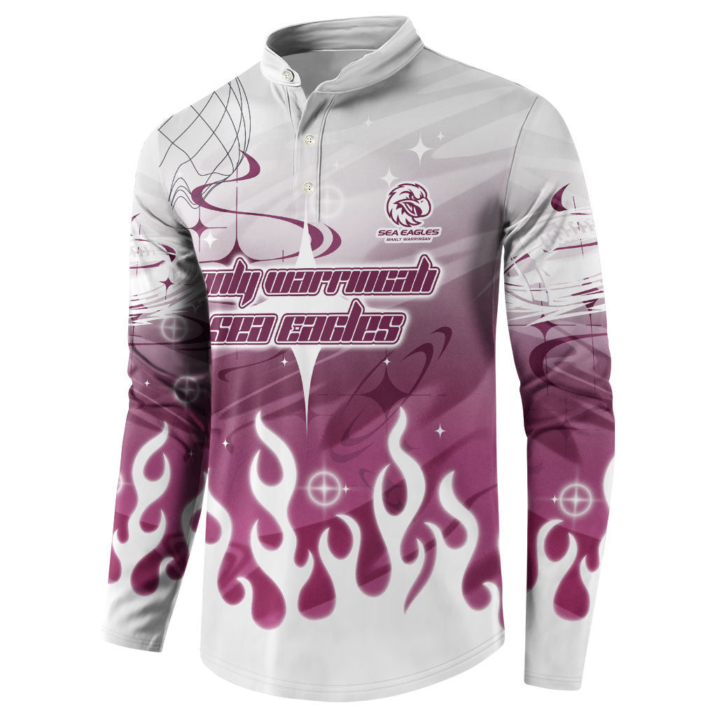 Personalized Manly Warringah Sea Eagles Button Sweatshirt Y2K Grunge Aesthetic With Cyber Flames and Starburst Graphics