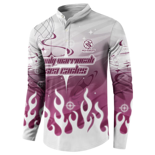 Personalized Manly Warringah Sea Eagles Button Sweatshirt Y2K Grunge Aesthetic With Cyber Flames and Starburst Graphics