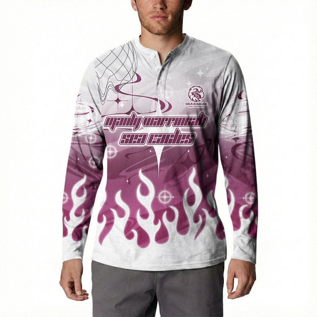 Personalized Manly Warringah Sea Eagles Button Sweatshirt Y2K Grunge Aesthetic With Cyber Flames and Starburst Graphics