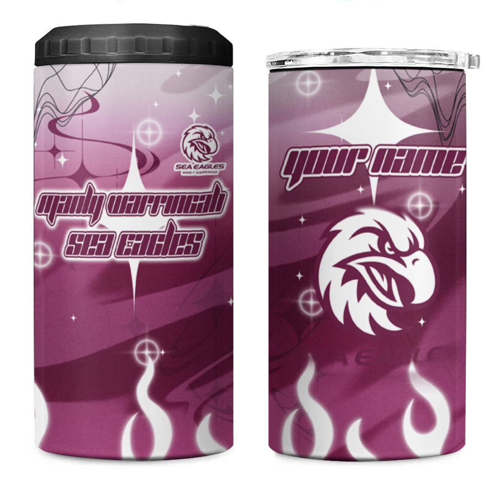 Personalized Manly Warringah Sea Eagles 4 in 1 Can Cooler Tumbler Y2K Grunge Aesthetic With Cyber Flames and Starburst Graphics