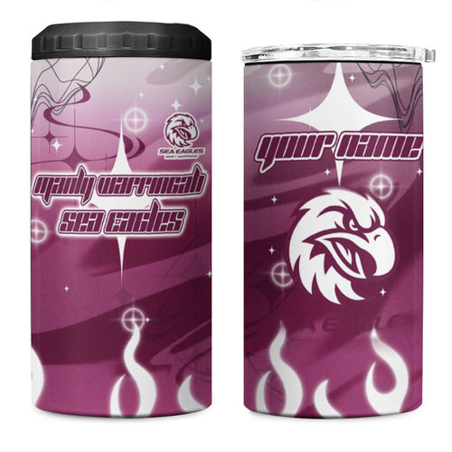 Personalized Manly Warringah Sea Eagles 4 in 1 Can Cooler Tumbler Y2K Grunge Aesthetic With Cyber Flames and Starburst Graphics