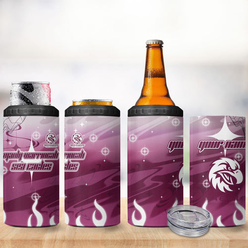 Personalized Manly Warringah Sea Eagles 4 in 1 Can Cooler Tumbler Y2K Grunge Aesthetic With Cyber Flames and Starburst Graphics