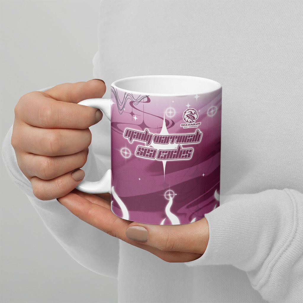 Personalized Manly Warringah Sea Eagles Ceramic Mug Y2K Grunge Aesthetic With Cyber Flames and Starburst Graphics