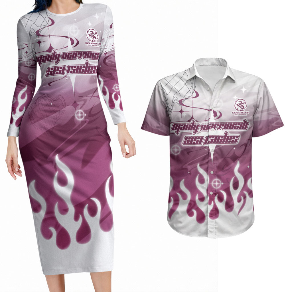 Personalized Manly Warringah Sea Eagles Couples Matching Long Sleeve Bodycon Dress and Hawaiian Shirt Y2K Grunge Aesthetic With Cyber Flames and Starburst Graphics