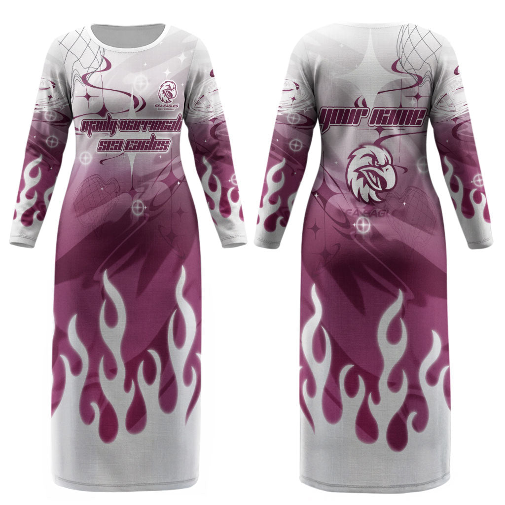 Personalized Manly Warringah Sea Eagles Couples Matching Long Sleeve Bodycon Dress and Hawaiian Shirt Y2K Grunge Aesthetic With Cyber Flames and Starburst Graphics