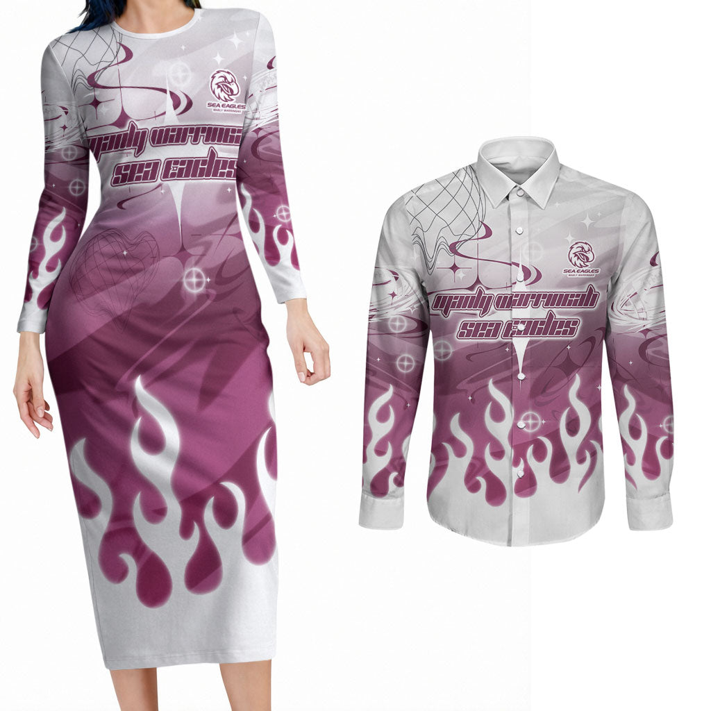Personalized Manly Warringah Sea Eagles Couples Matching Long Sleeve Bodycon Dress and Long Sleeve Button Shirt Y2K Grunge Aesthetic With Cyber Flames and Starburst Graphics