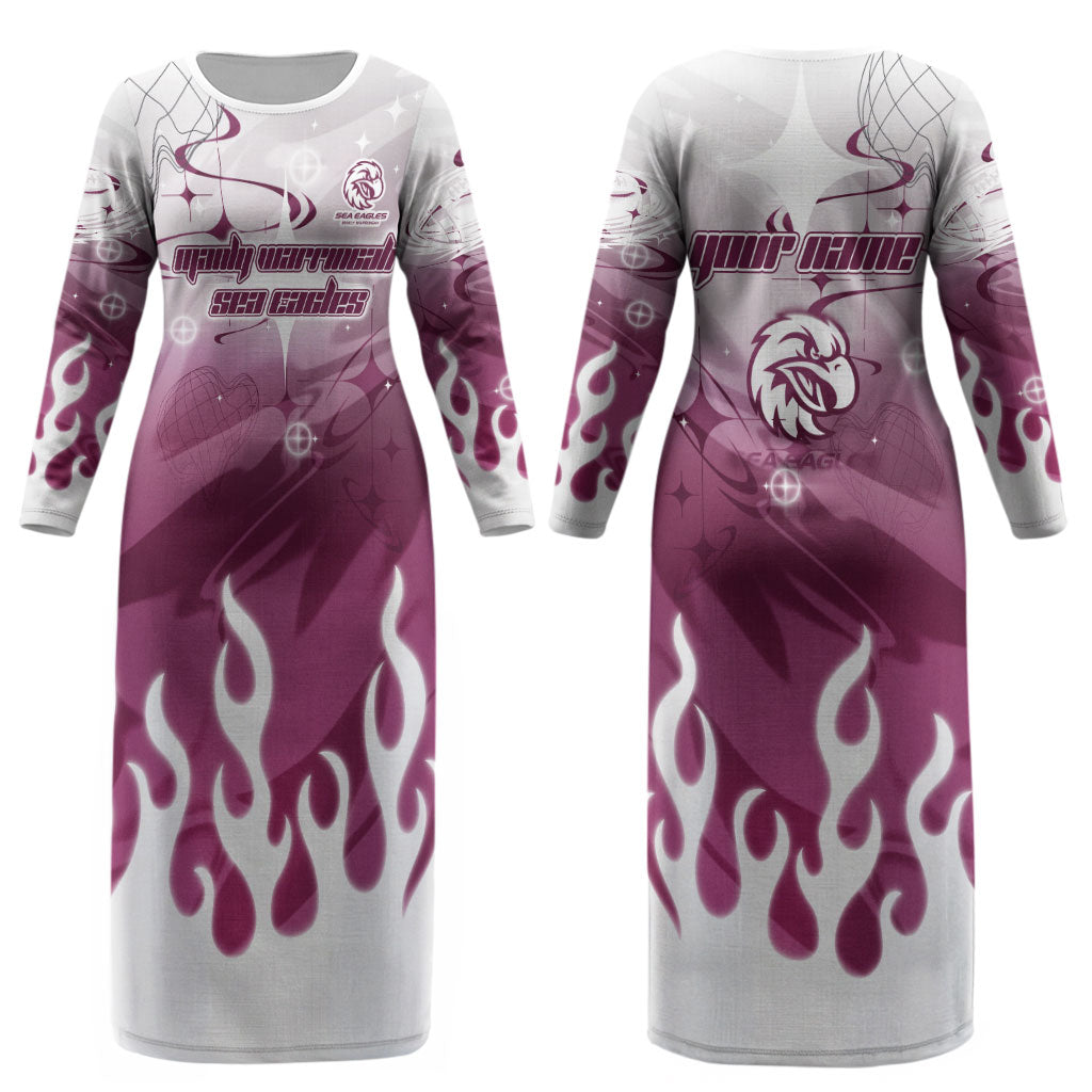 Personalized Manly Warringah Sea Eagles Couples Matching Long Sleeve Bodycon Dress and Long Sleeve Button Shirt Y2K Grunge Aesthetic With Cyber Flames and Starburst Graphics
