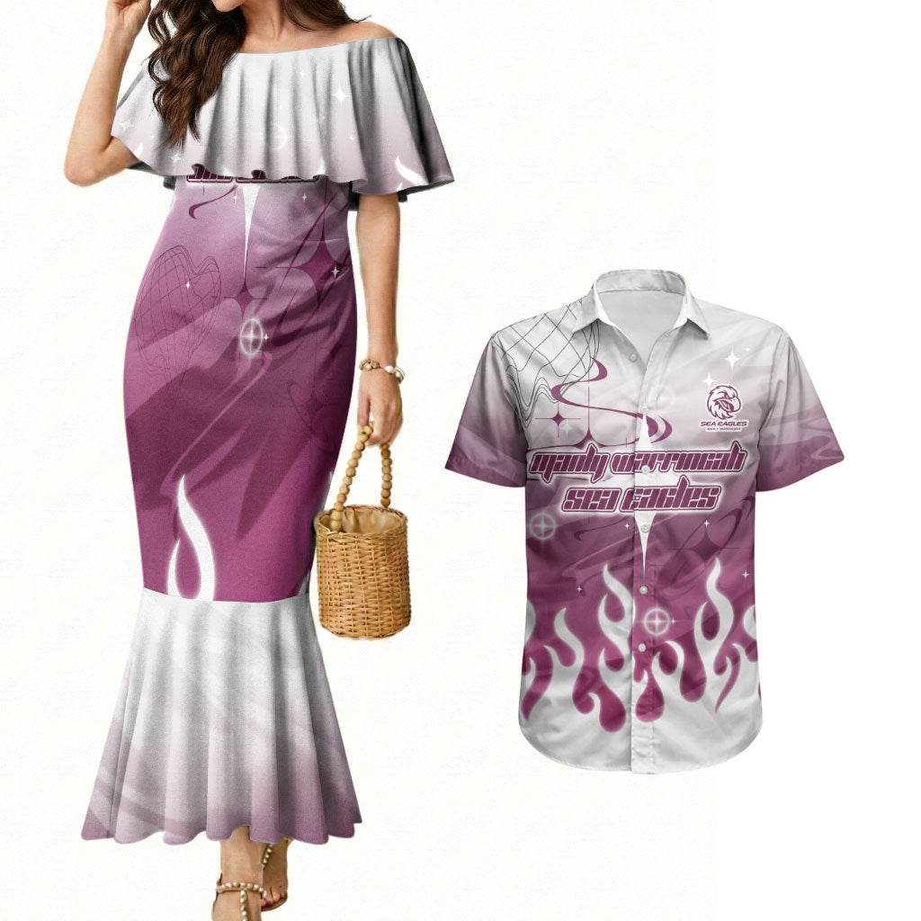 Personalized Manly Warringah Sea Eagles Couples Matching Mermaid Dress and Hawaiian Shirt Y2K Grunge Aesthetic With Cyber Flames and Starburst Graphics