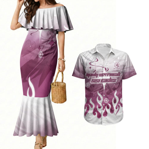 Personalized Manly Warringah Sea Eagles Couples Matching Mermaid Dress and Hawaiian Shirt Y2K Grunge Aesthetic With Cyber Flames and Starburst Graphics